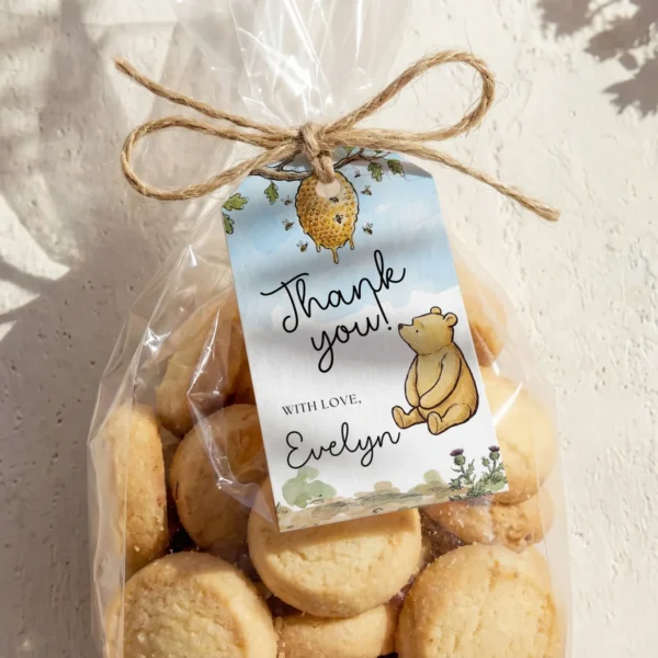 Winnie the Poon Blue Baby Shower Gift Tag Canva Template preview