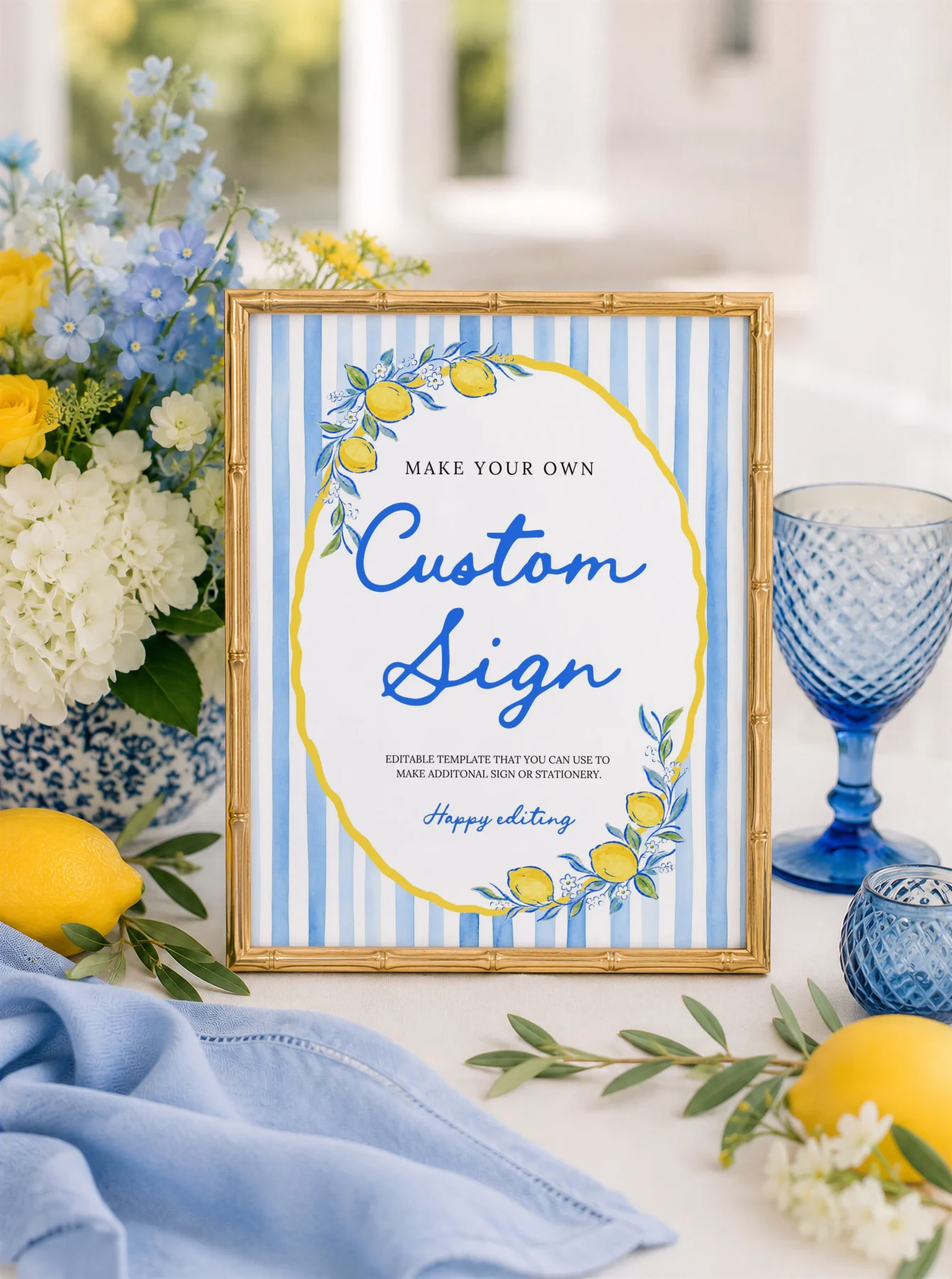 Lemon Blue Bridal Shower Custom Sign Canva Template preview