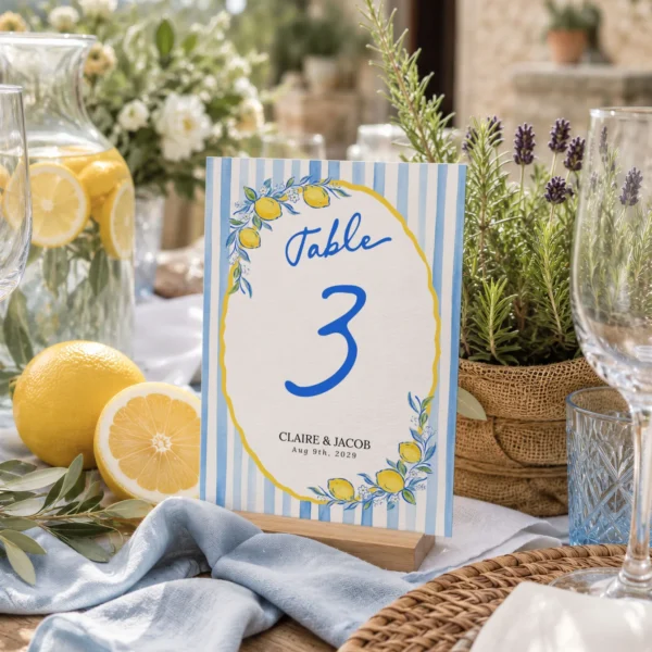 Lemon Blue Bridal Shower Table Numbers Canva Template preview