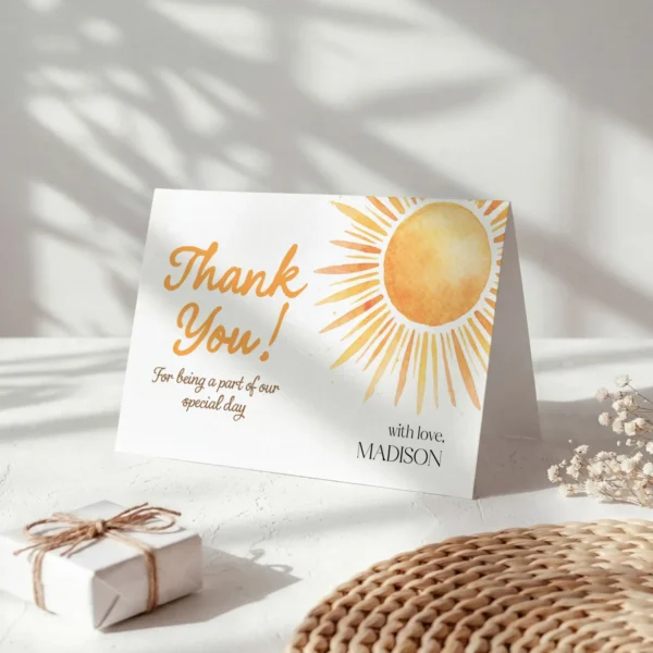 Sunshine Baby Shower Thank You Card Canva Template preview