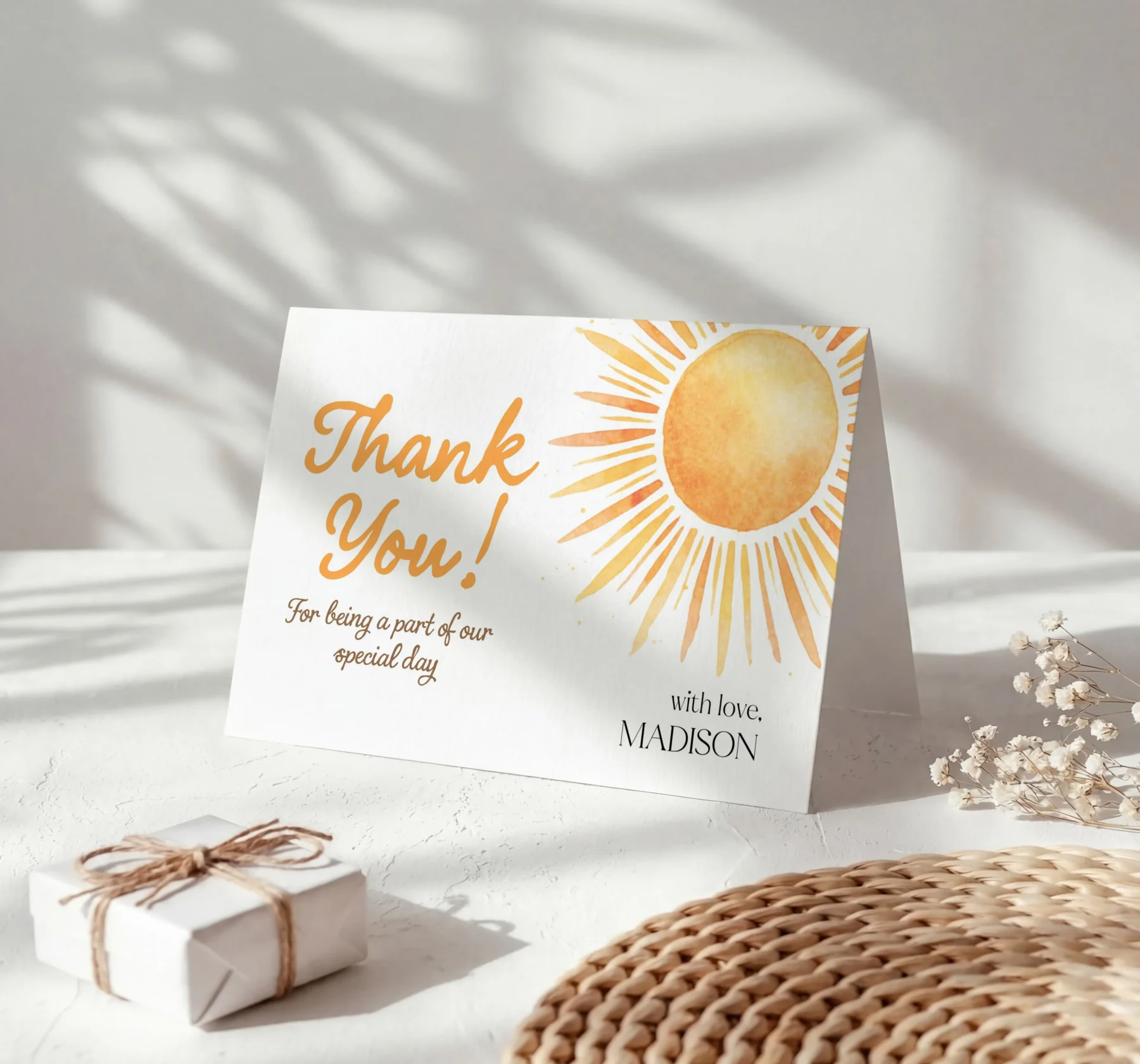 Sunshine Baby Shower Thank You Card Canva Template preview