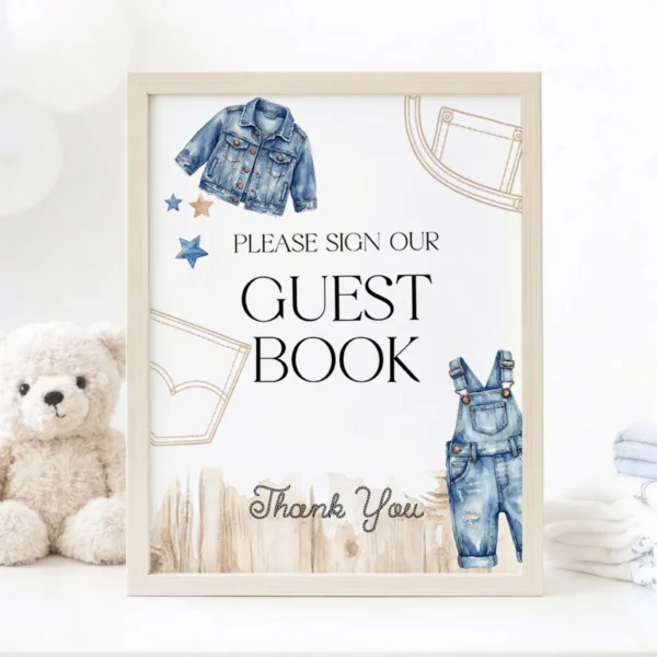 Blue Jean Baby Shower Sign Canva Template preview