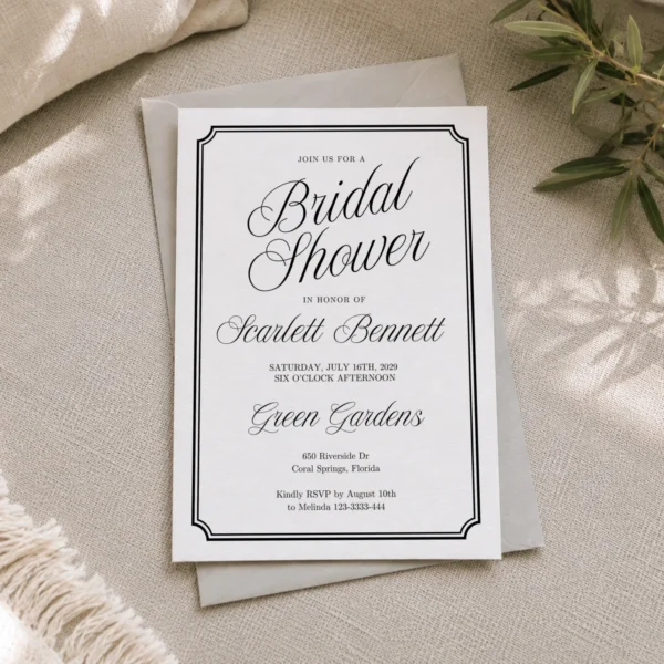 Black Elegant Bridal Shower Invitation Canva Template preview