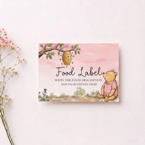 Winnie Pink Baby Shower Food Label Canva Template preview