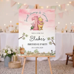 Winnie Pink Birthday Welcome Sign Canva Template preview