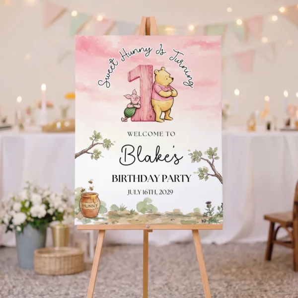 Winnie Pink Birthday Welcome Sign Canva Template preview