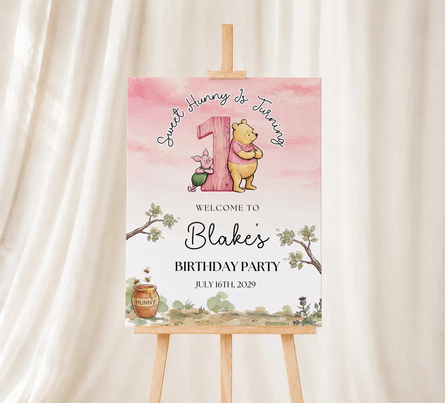 Winnie Pink Birthday Welcome Sign Canva Template detail 4