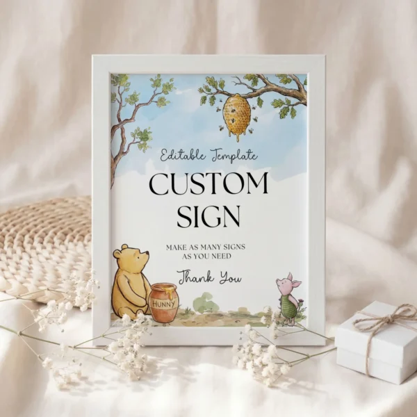 Winnie the Poon Blue Baby Shower Custom Sign Canva Template preview