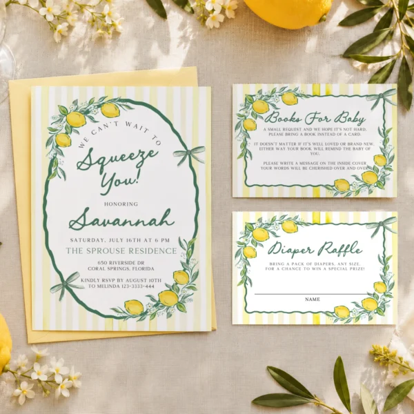 Lemon baby shower Baby Shower Invitation Set Canva Template preview