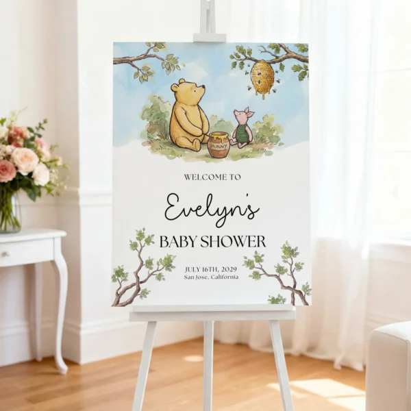 Winnie the Poon Blue Baby Shower Welcome Sign Canva Template preview