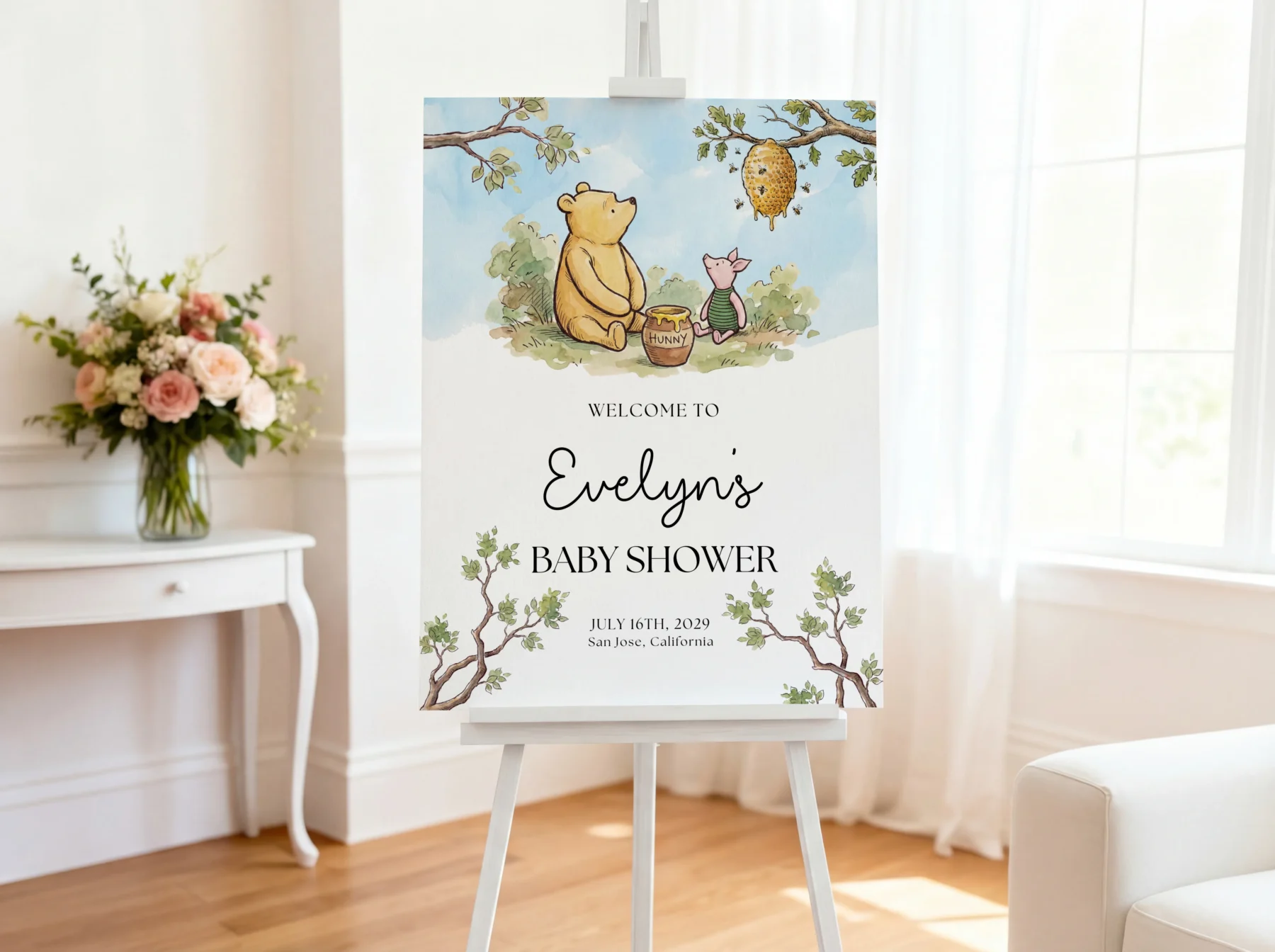 Winnie the Poon Blue Baby Shower Welcome Sign Canva Template preview