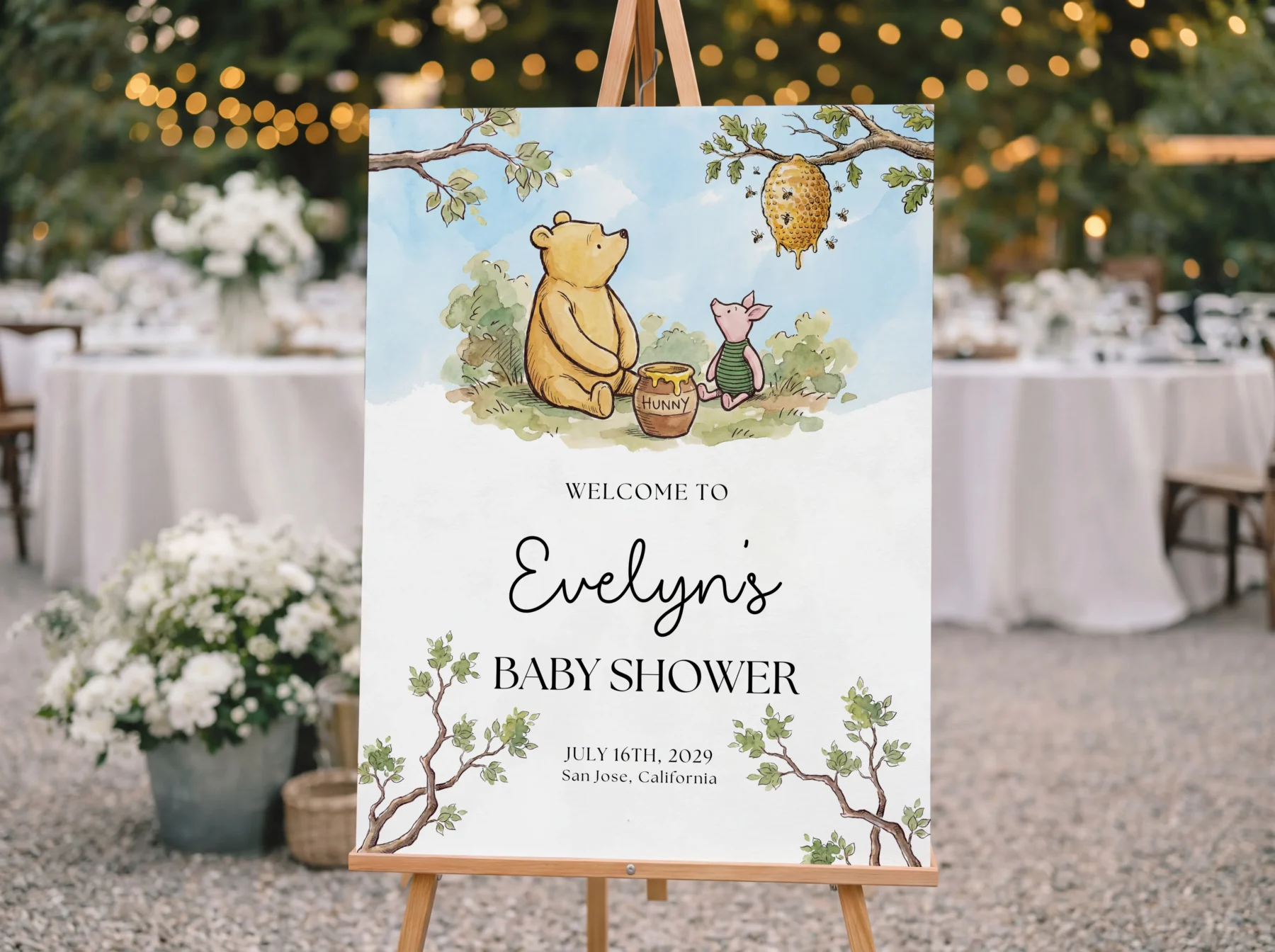 Winnie the Poon Blue Baby Shower Welcome Sign Canva Template detail 2