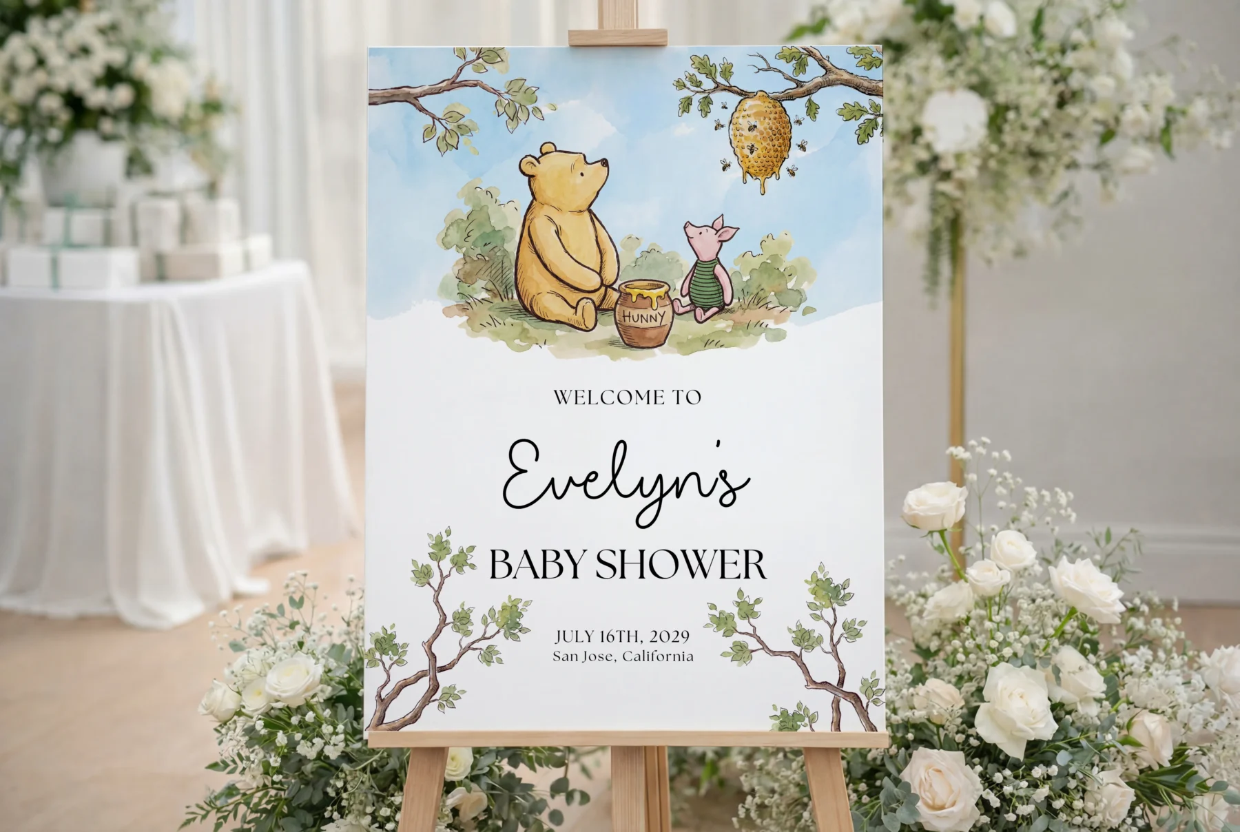 Winnie the Poon Blue Baby Shower Welcome Sign Canva Template detail 3