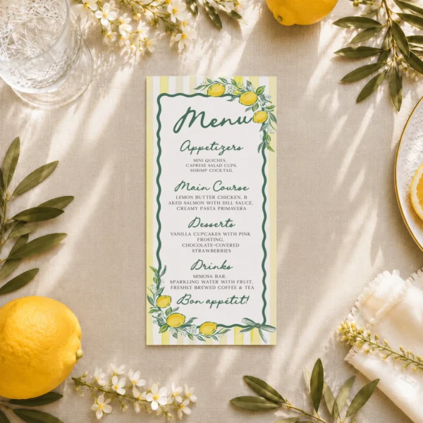 Lemon baby shower Baby Shower Menu Canva Template preview