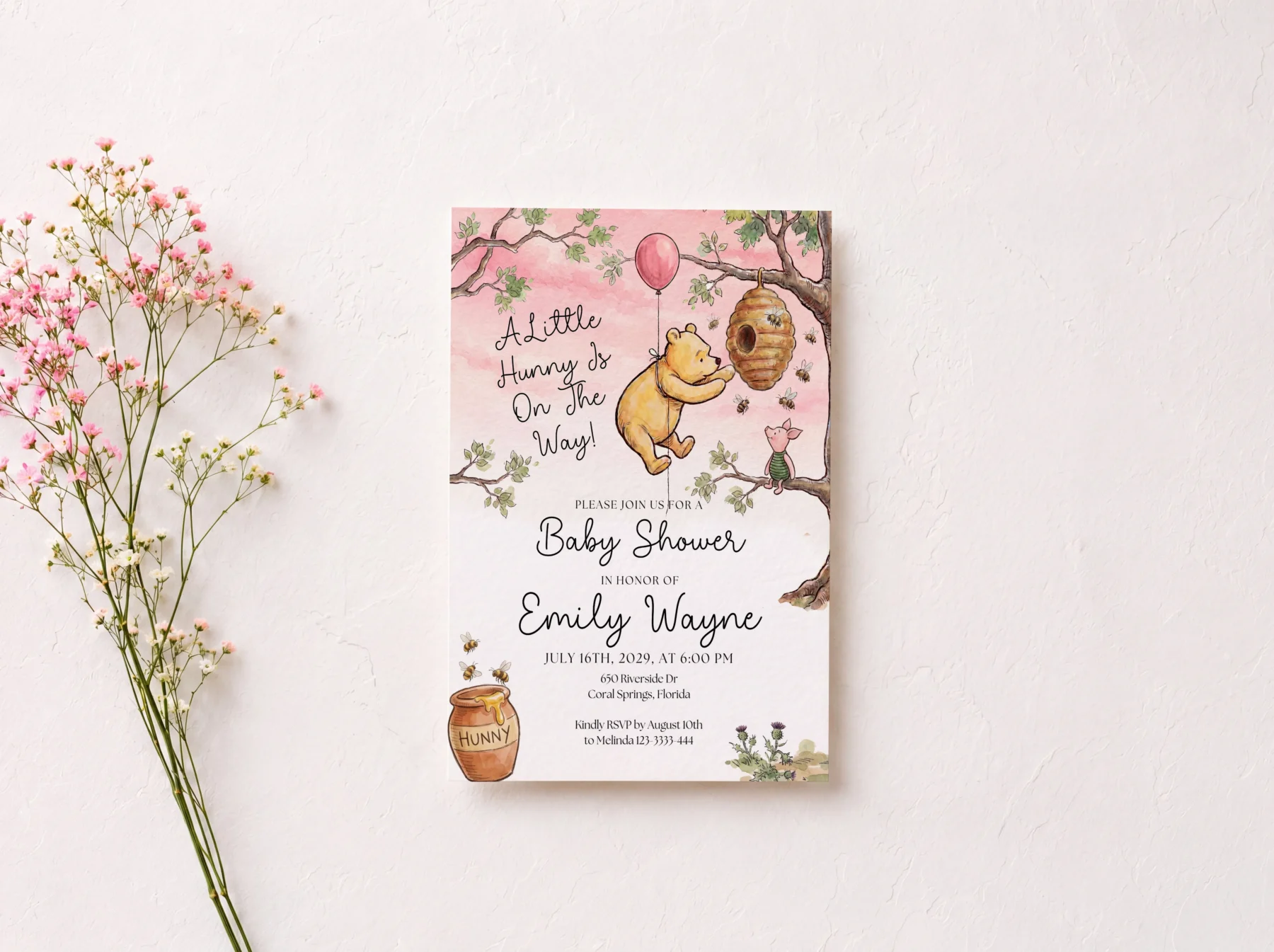Winnie Pink Baby Shower Invitation Canva Template detail 2