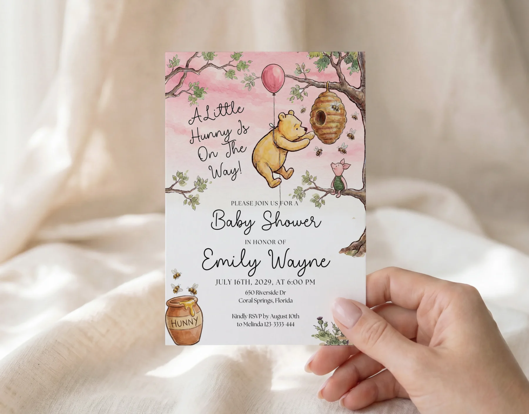 Winnie Pink Baby Shower Invitation Canva Template detail 3