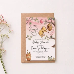 Winnie Pink Baby Shower Invitation Canva Template preview