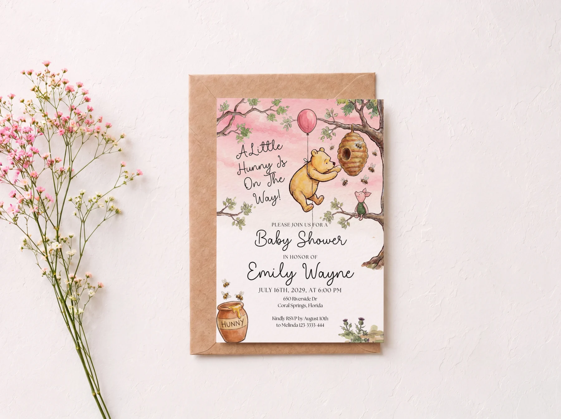 Winnie Pink Baby Shower Invitation Canva Template preview