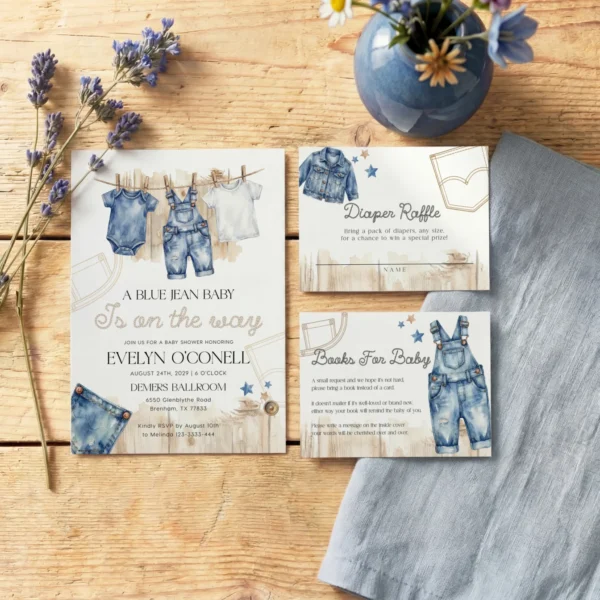 Blue Jean Baby Shower Invitation Set Canva Template preview