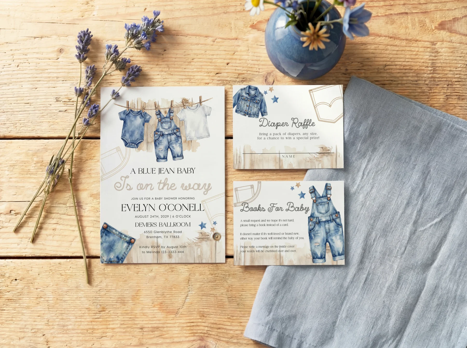 Blue Jean Baby Shower Invitation Set Canva Template preview