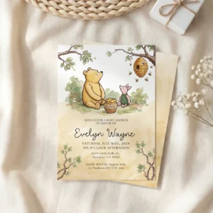 Winnie Beige Baby Shower Invitation Canva Template preview