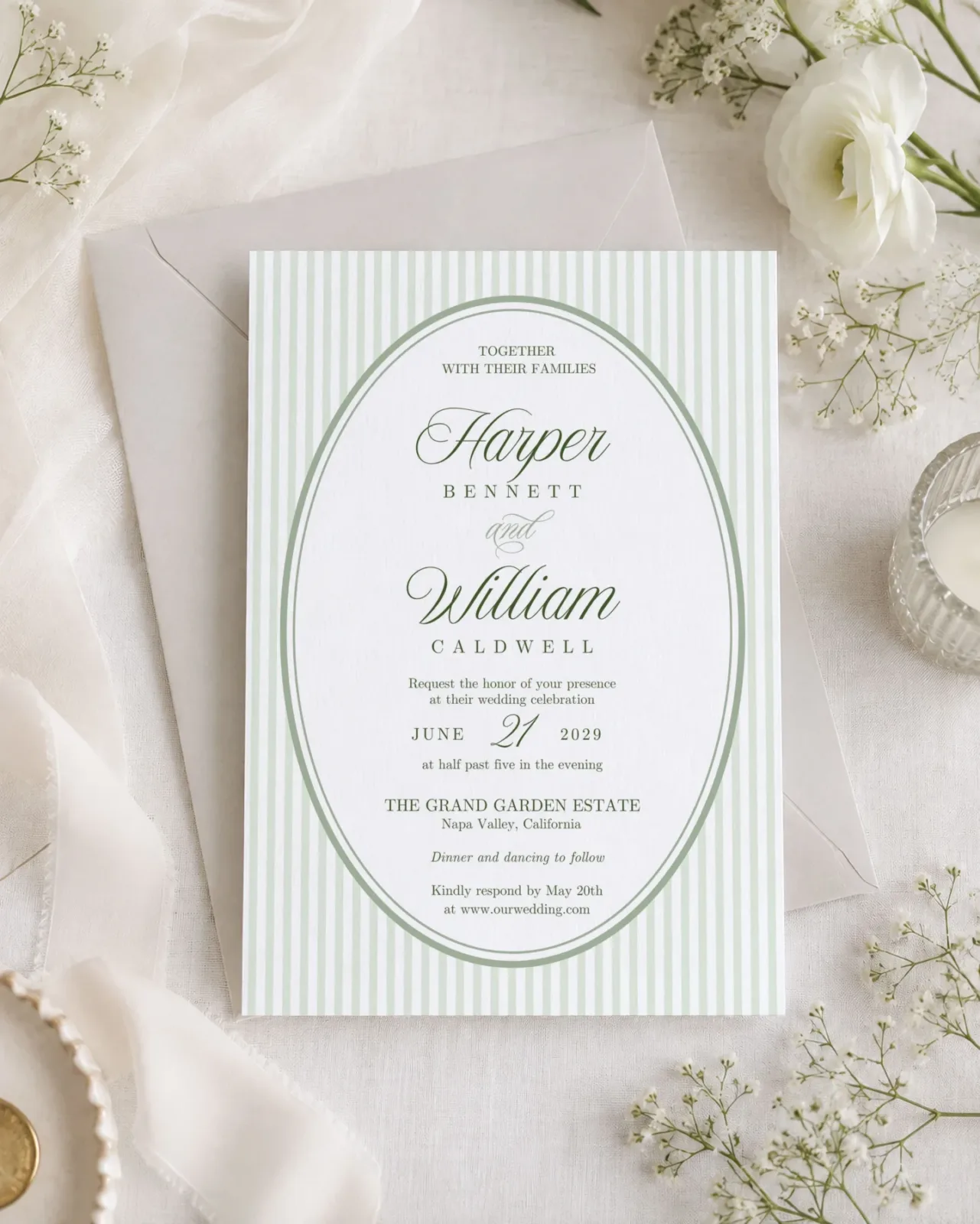 Green Stripes Wedding Invitation Suite detail 3