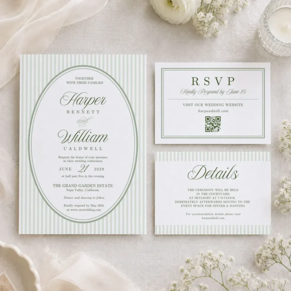 Green Stripes Wedding Invitation Canva Template preview