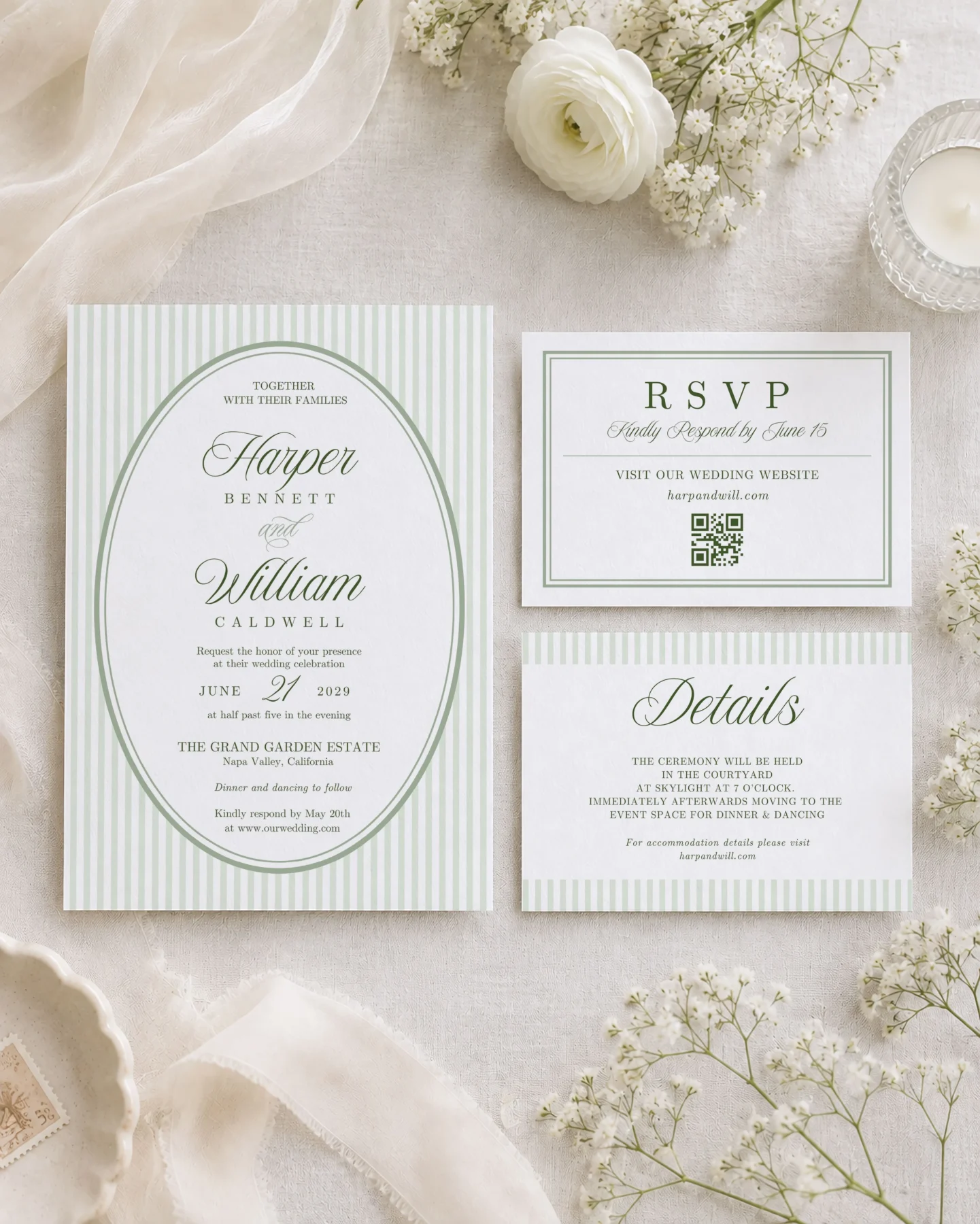 Green Stripes Wedding Invitation Canva Template preview
