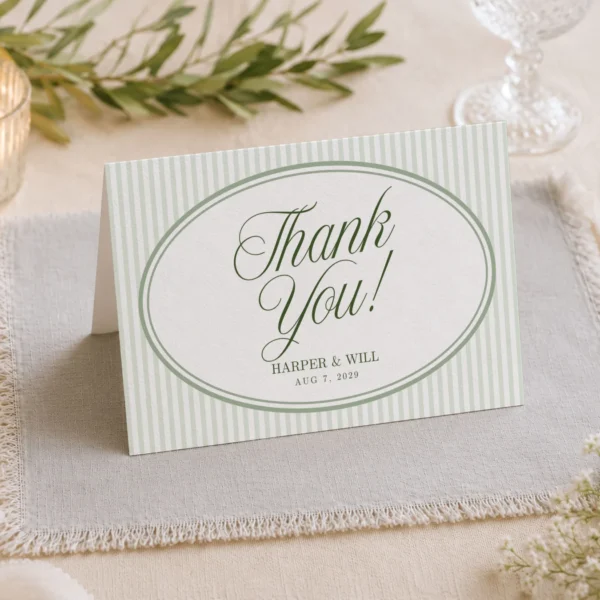 Green Stripes Wedding Thank You Card Canva Template preview