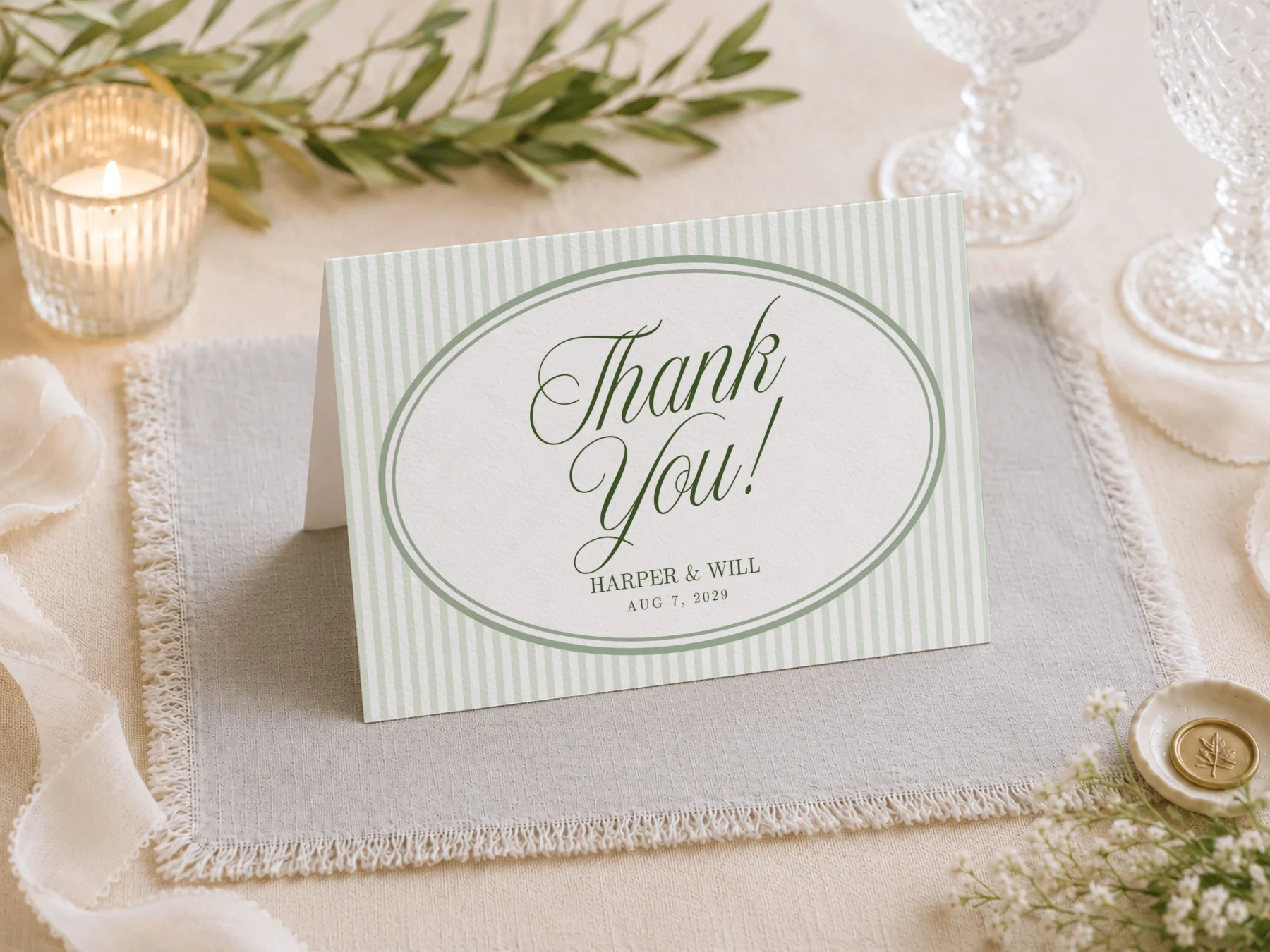 Green Stripes Wedding Thank You Card Canva Template preview