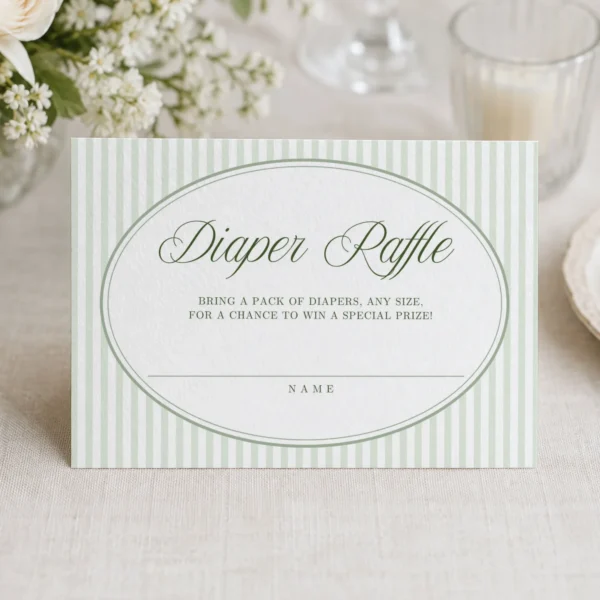 Green Stripes Baby Shower Diaper Raffle Card Canva Template preview