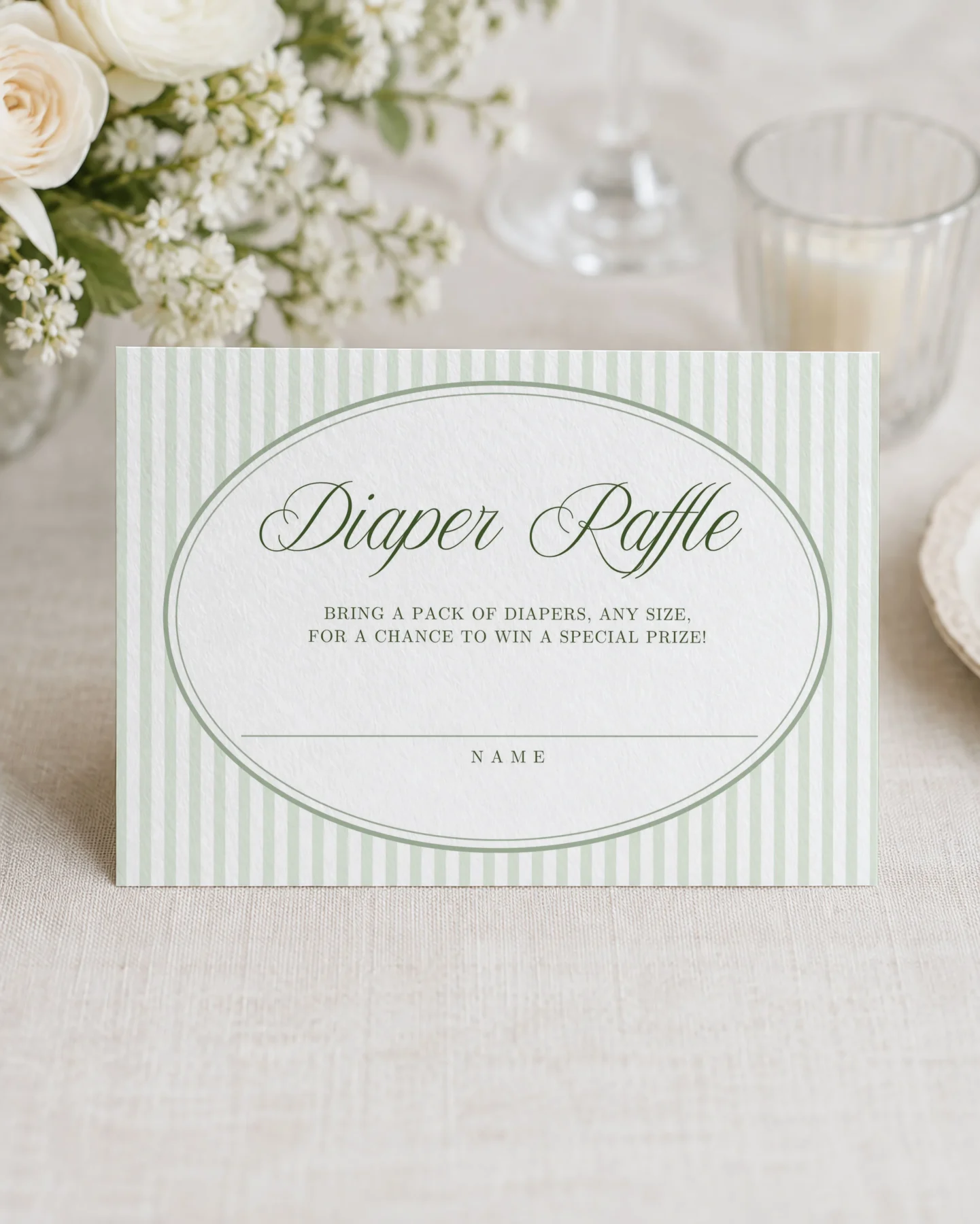Green Stripes Baby Shower Diaper Raffle Card Canva Template preview