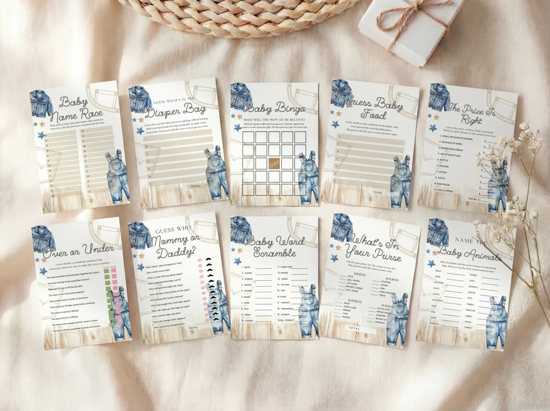 Blue Jean Baby Shower Game Canva Template preview