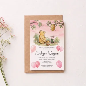 Winnie Pink Baby Shower Invitation Canva Template preview