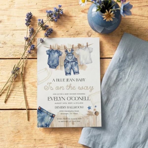 Blue Jean Baby Shower Invitation Canva Template preview