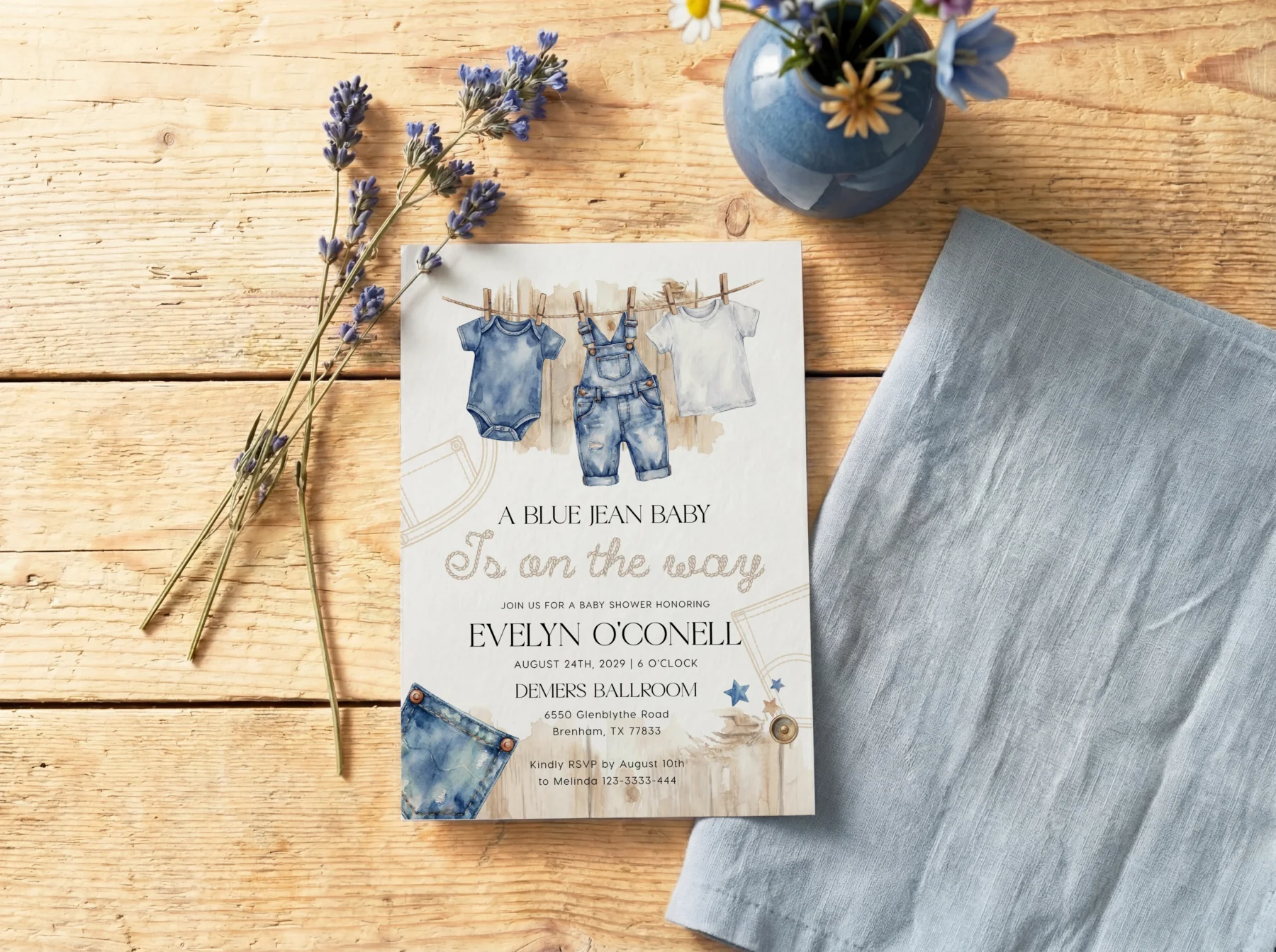 Blue Jean Baby Shower Invitation Canva Template preview