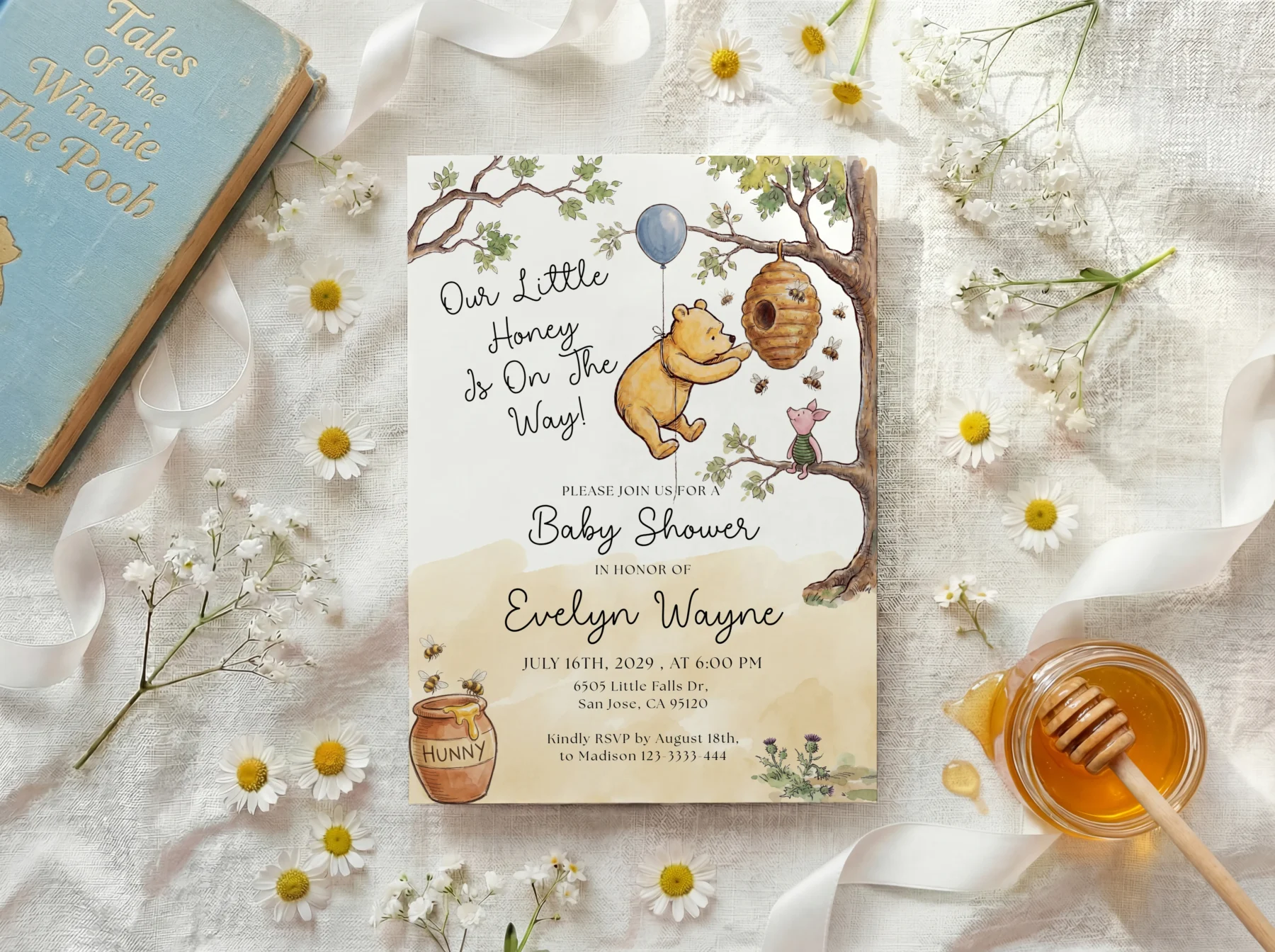 Winnie Beige Baby Shower Invitation Canva Template detail 4