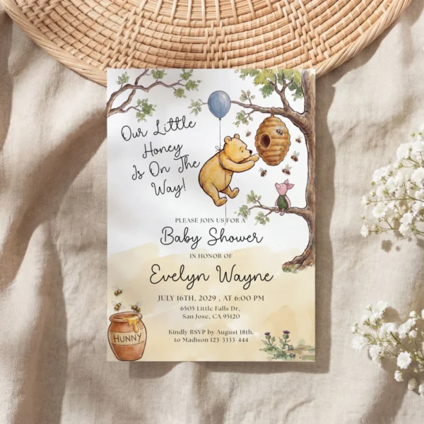 Winnie Beige Baby Shower Invitation Canva Template preview