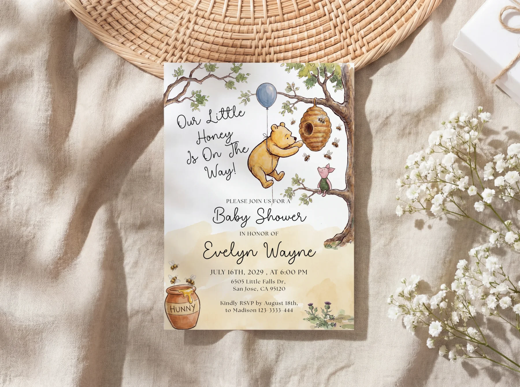 Winnie Beige Baby Shower Invitation Canva Template preview