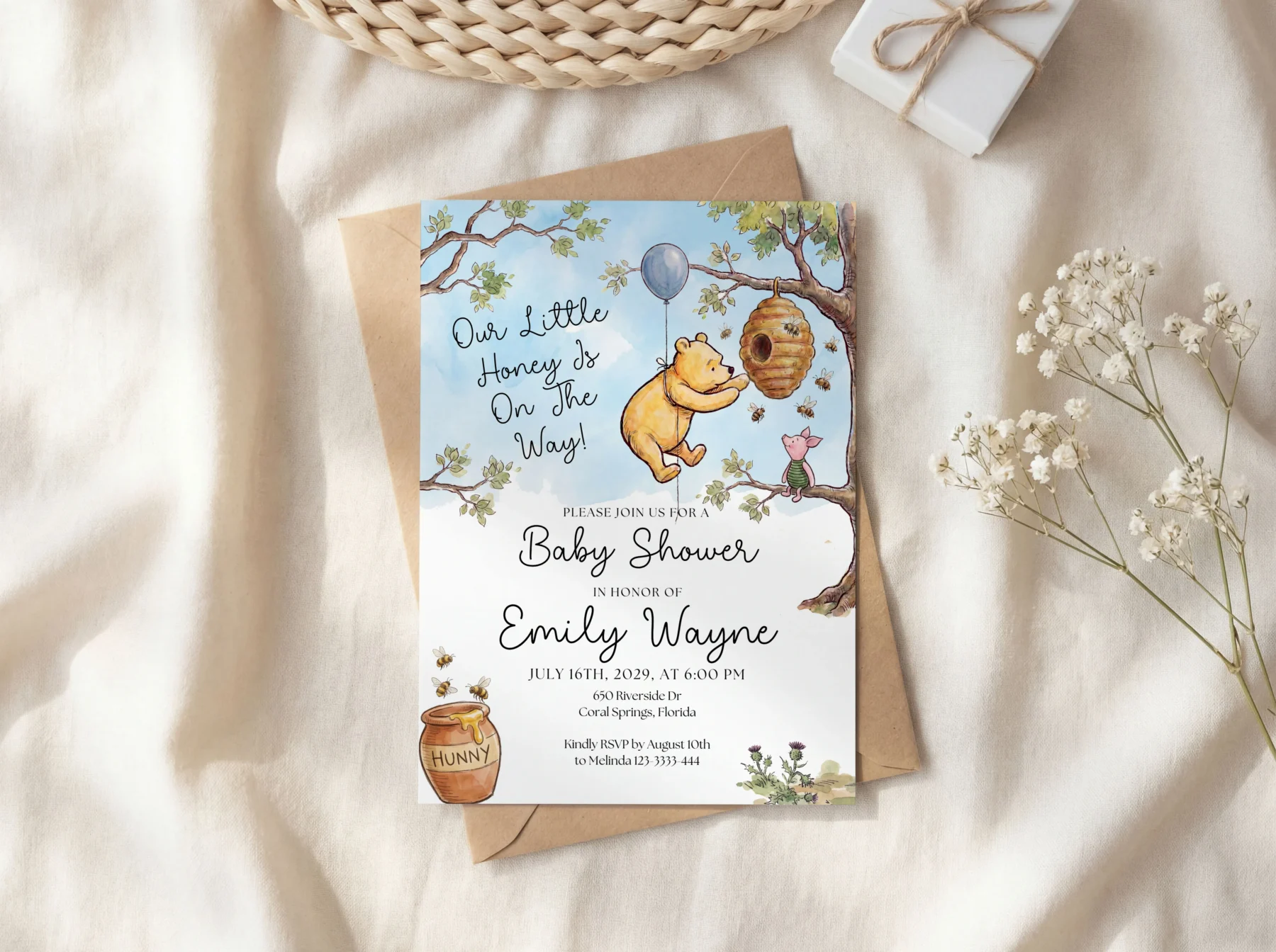 Winnie the Poon Blue Baby Shower Invitation Set Canva Template detail 6