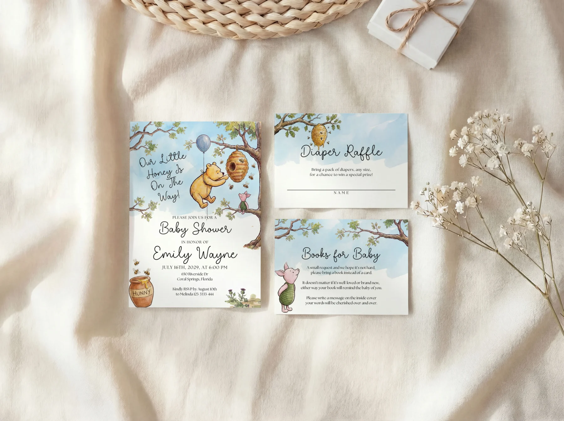 Winnie the Poon Blue Baby Shower Invitation Set Canva Template detail 8