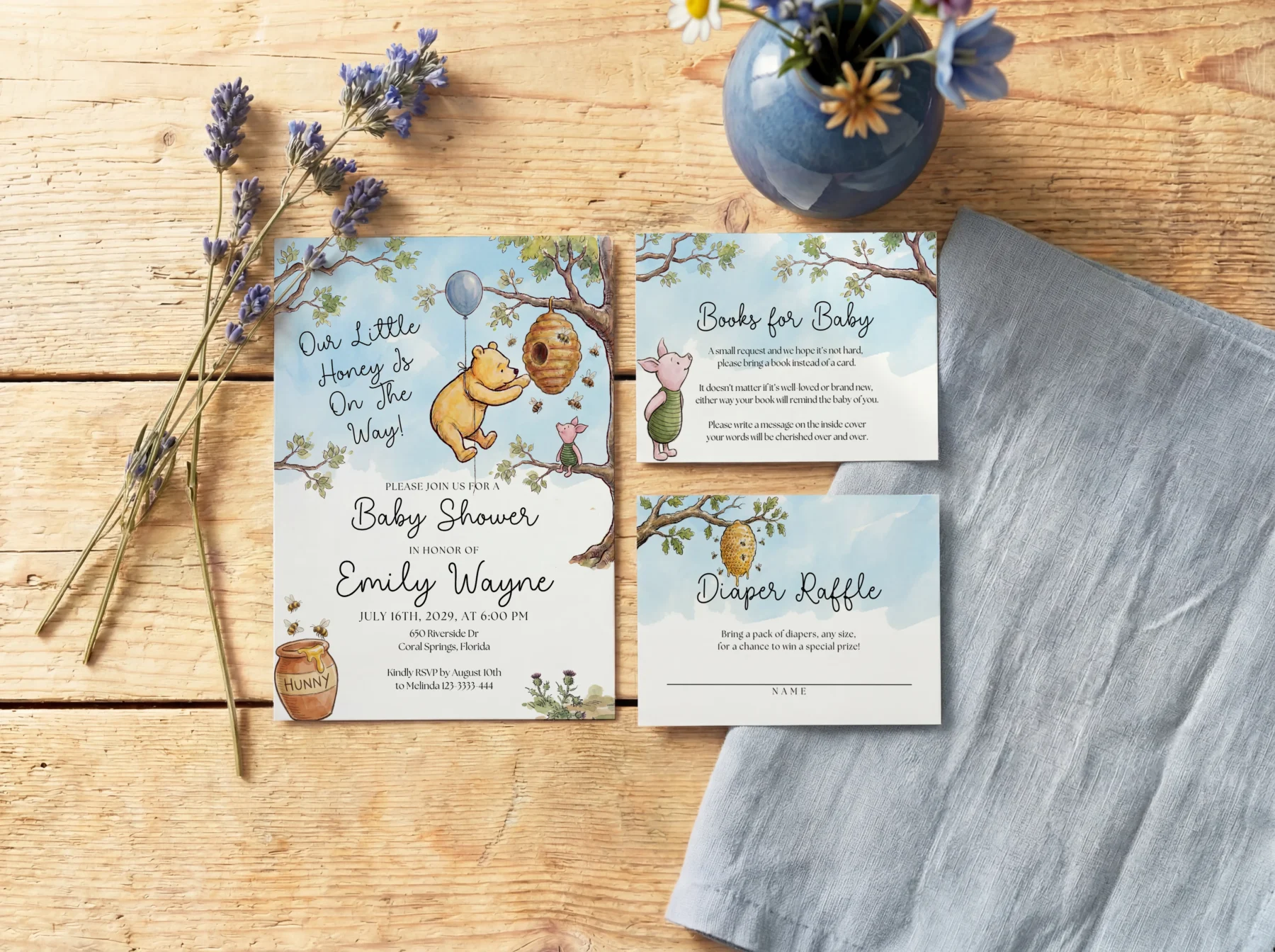 Winnie the Poon Blue Baby Shower Invitation Set Canva Template detail 9