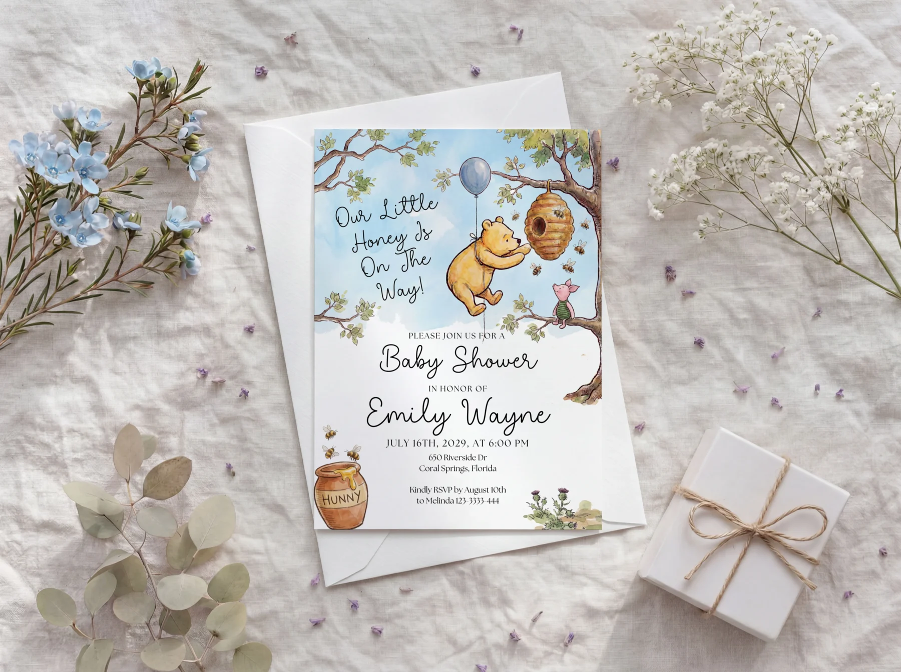 Winnie the Poon Blue Baby Shower Invitation Set Canva Template detail 2