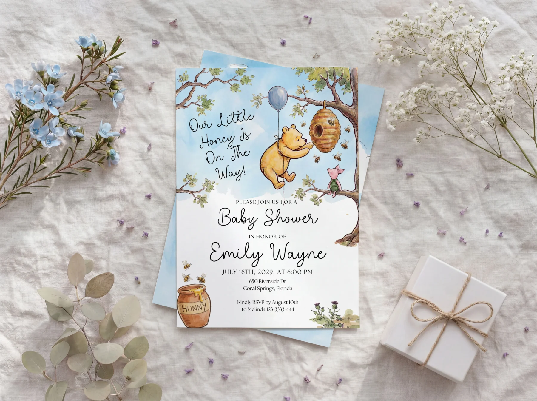 Winnie the Poon Blue Baby Shower Invitation Set Canva Template detail 3