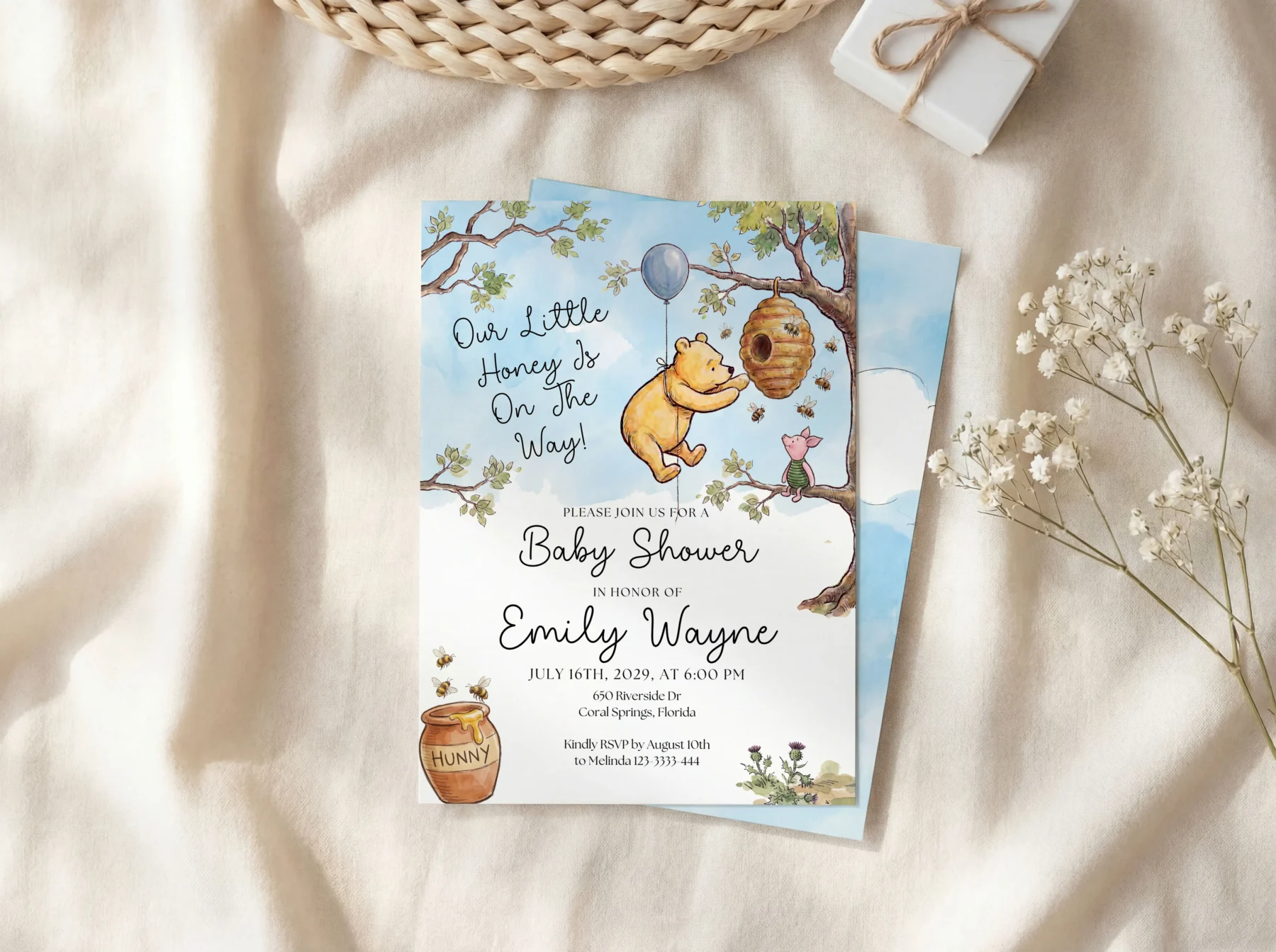 Winnie the Poon Blue Baby Shower Invitation Set Canva Template detail 4