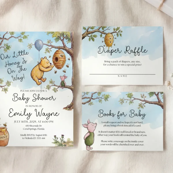 Winnie the Poon Blue Baby Shower Invitation Set Canva Template preview