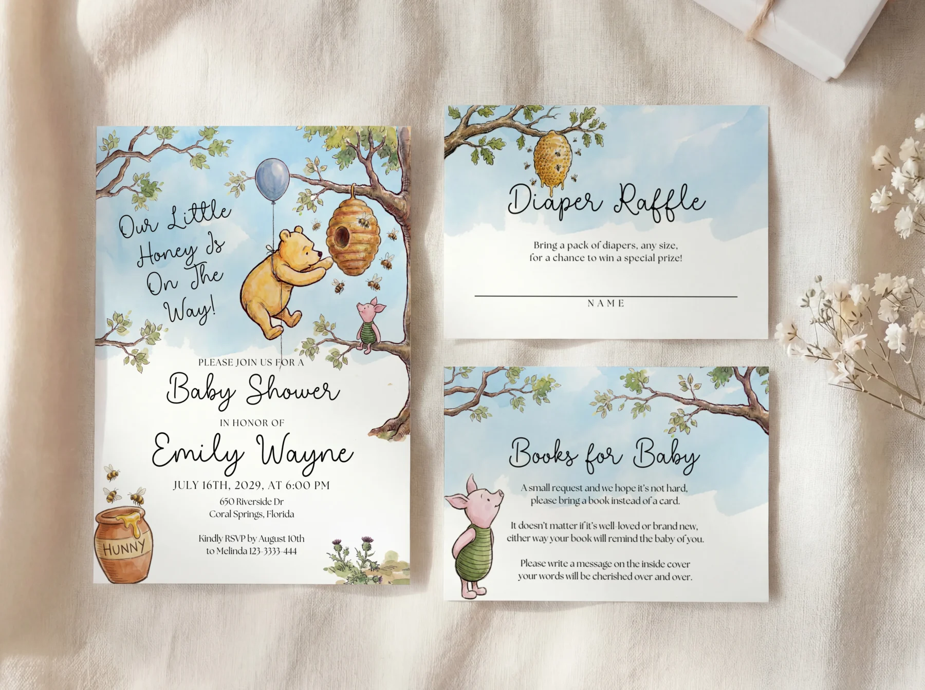 Winnie the Poon Blue Baby Shower Invitation Set Canva Template preview