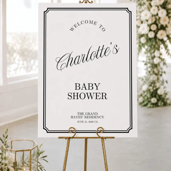 Black Elegant Baby Shower Welcome Sign Canva Template preview