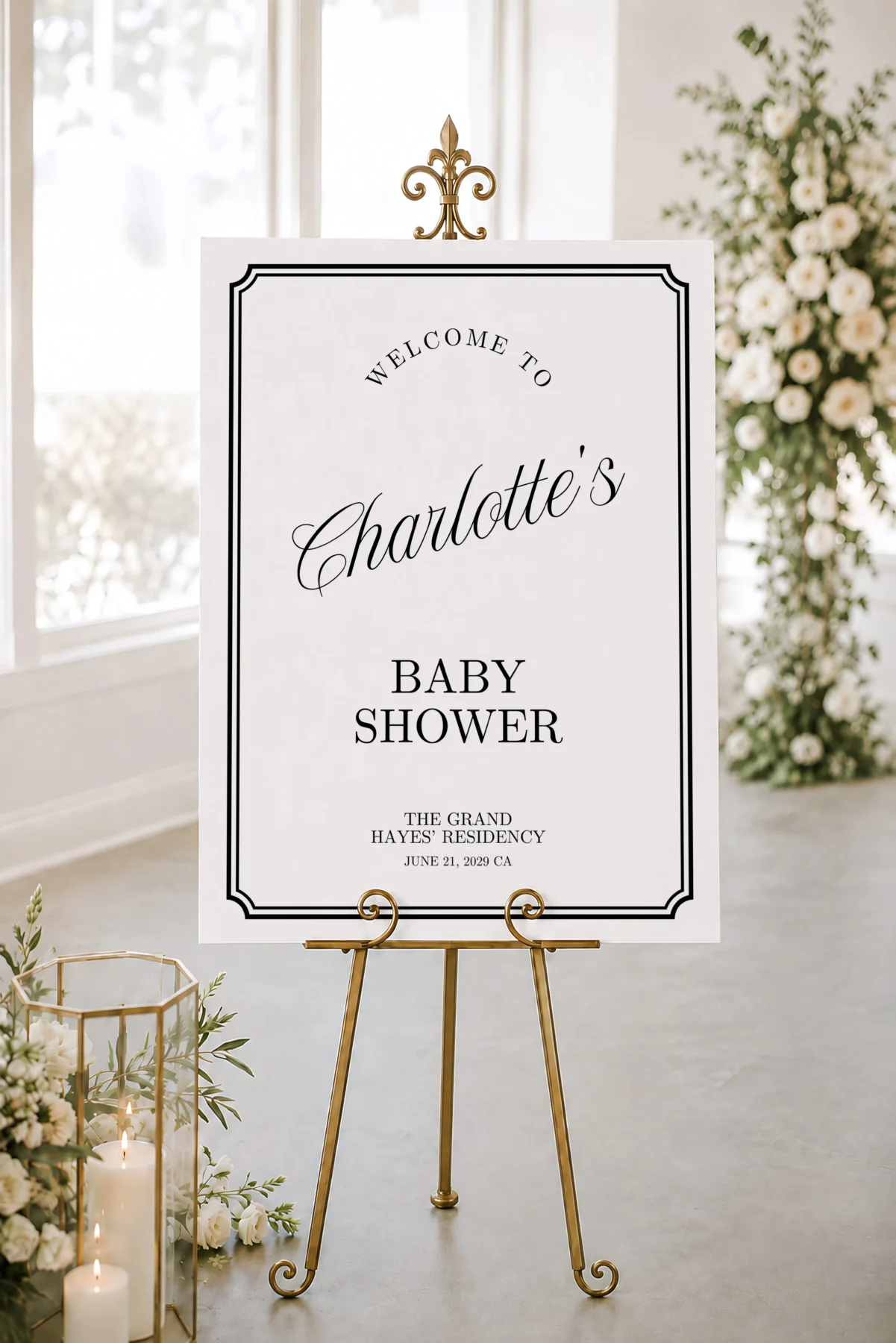 Black Elegant Baby Shower Welcome Sign Canva Template preview