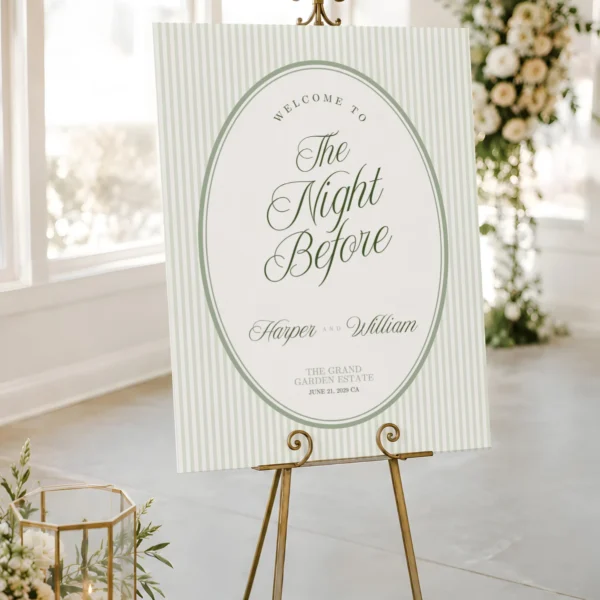 Green Stripes Wedding Welcome Sign Canva Template preview